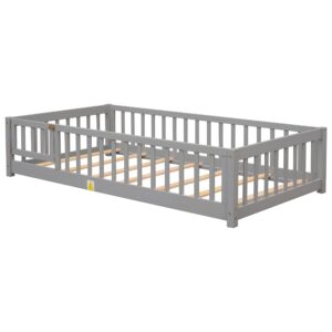 Twin Floor Bed for Kids, Montessori Bed Frame with Fence-Shaped Guardrails, Support Slats and Door, Wood Floor Twin Bed for Kids,Toddler,Boys Girls, No Box Spring Needed(Gray, Twin Bed Frame)