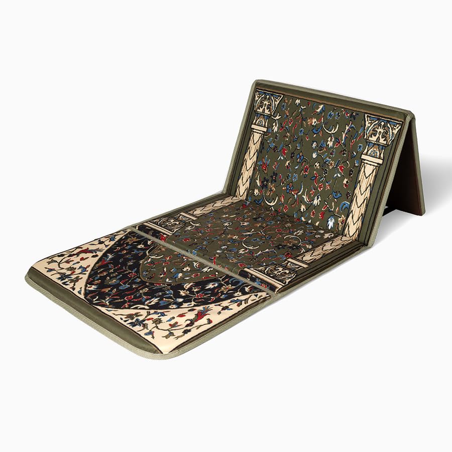 ABDEEZ Exclusive Foldable Prayer Mat with Backrest, Flannel Fabric | Extra Padding for Comfort | Easy to Carry | Janamaz, Sajadah | Ramadan/Eid Gift, Perfect Muslim Gift (Earth Green)