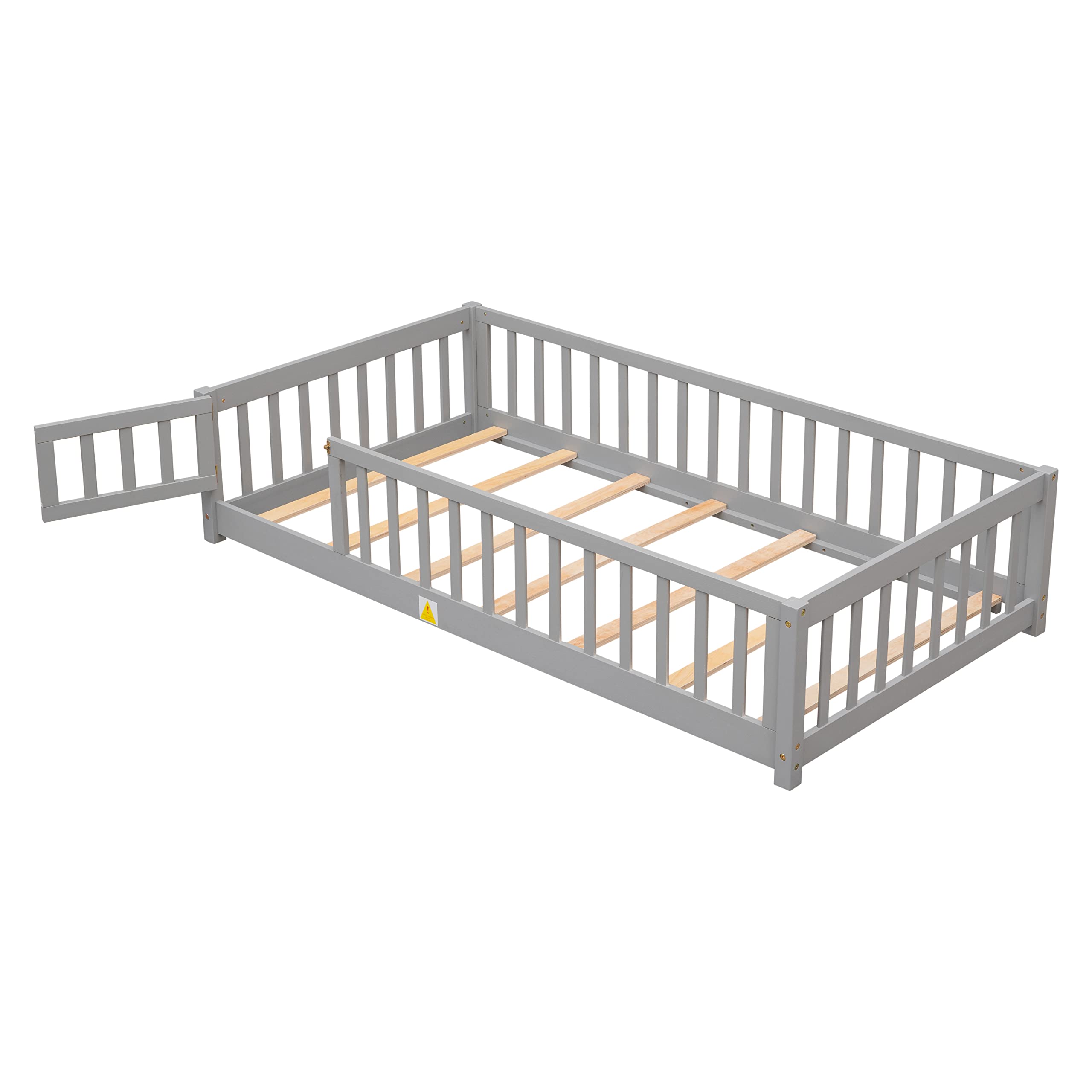 Twin Floor Bed for Kids, Montessori Bed Frame with Fence-Shaped Guardrails, Support Slats and Door, Wood Floor Twin Bed for Kids,Toddler,Boys Girls, No Box Spring Needed(Gray, Twin Bed Frame)