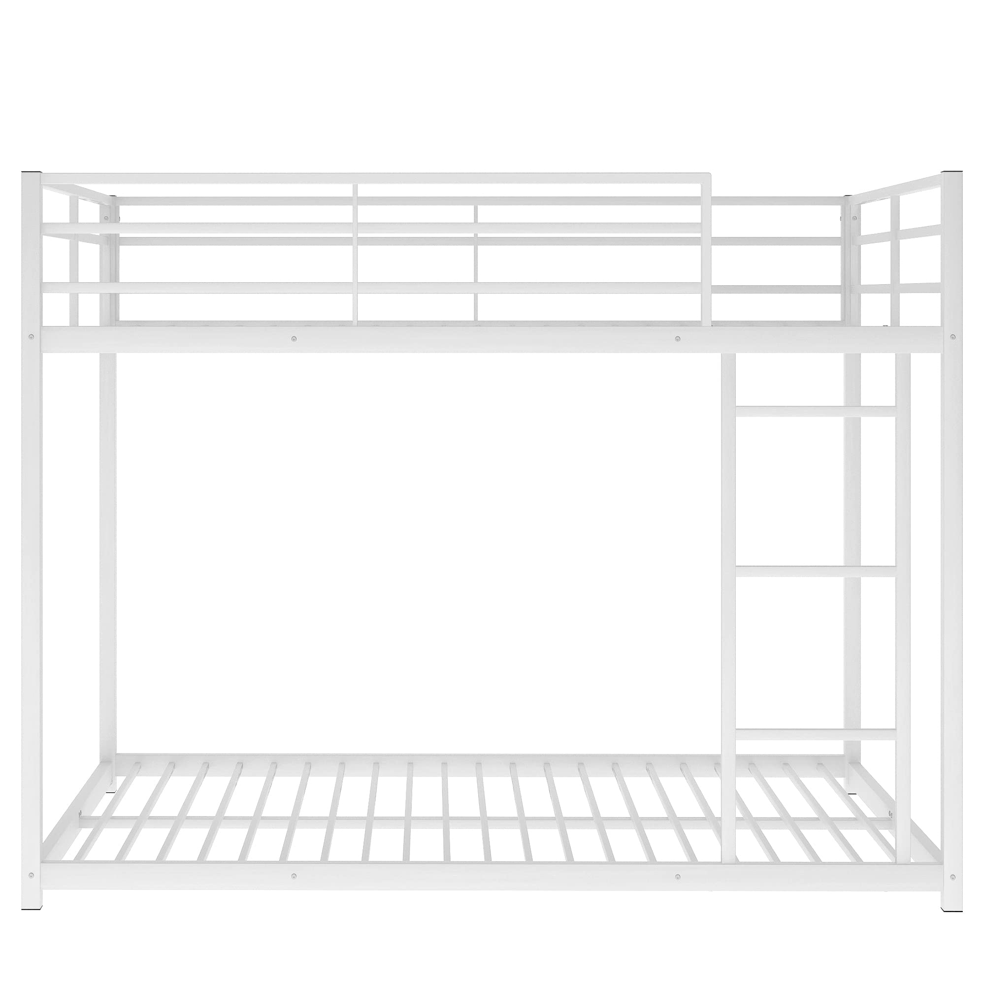 ZJIAH Metal Bunk Bed Full Over Full with Ladder, Low Bunk Bed Frame with Safety Guard Rails, Sturdy Heavy Duty Full Size Floor Bunk Beds Frames for Teens, No Box Spring Required, White