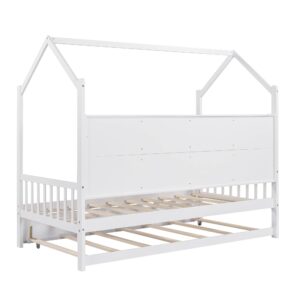 Twin House Bed with Trundle and Storage Shelves, Montessori Bed, Twin Platform Bed Frame with Roof, Tent Bed, Solid Wood Playhouse Bed for Kids Teens Girls Boys (Twin Size, White)