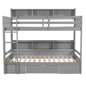 Polibi Twin Over Twin Bunk Bed with Built-in Shelves Beside Both Upper and Down Bed and Storage Drawer, Twin Size Wooden Bunk Bed with Guardrails and Ladder