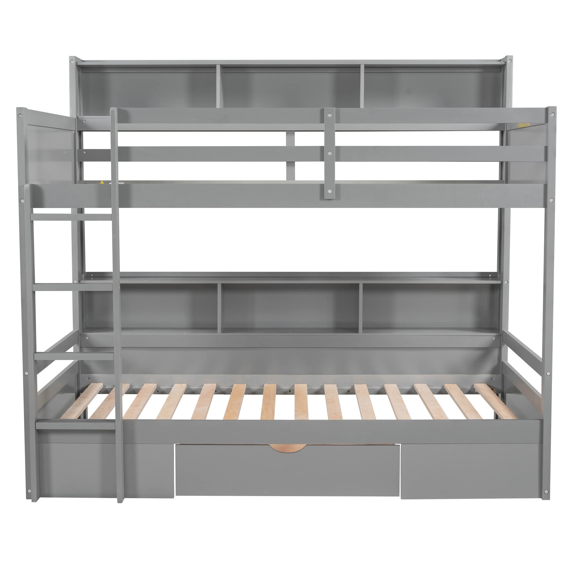 Polibi Twin Over Twin Bunk Bed with Built-in Shelves Beside Both Upper and Down Bed and Storage Drawer, Twin Size Wooden Bunk Bed with Guardrails and Ladder