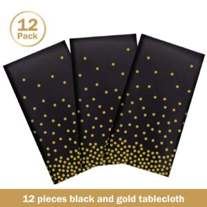 12 Pack Black and Gold Dot Plastic Tablecloth, Gold Stamping Dot Confetti Rectangle Plastic Disposable Tablecloth for Birthday Retirement Graduation Engagement Anniversary Party Decoration, 54x108Inch