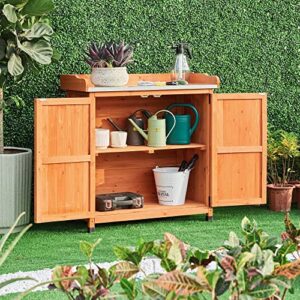 Topeakmart Potting Bench Table - Wooden Storage Cabinet with Removable Shelf & Flexible Space & Metal-Plated Tabletop for Outdoor Garden Patio,Brown