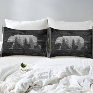 Castle Fairy Lodge Cabin Duvet Cover Gray Bear Pine Tree Silhouette Pattern Comforter Cover with 2 Pillowcases Wild Animal Western Jungle Style Bedding Set for Teens Adults King Size 3 Pieces