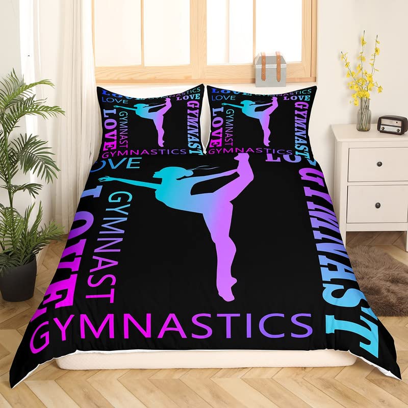 Feelyou Love Gymnastics Bedding Set for Girls Boys Children Floor Exercises Ballet Comforter Cover Decorative Athletics Duvet Cover Neon Blue Purple Bedspread Cover Twin Size 2Pcs Bedclothes