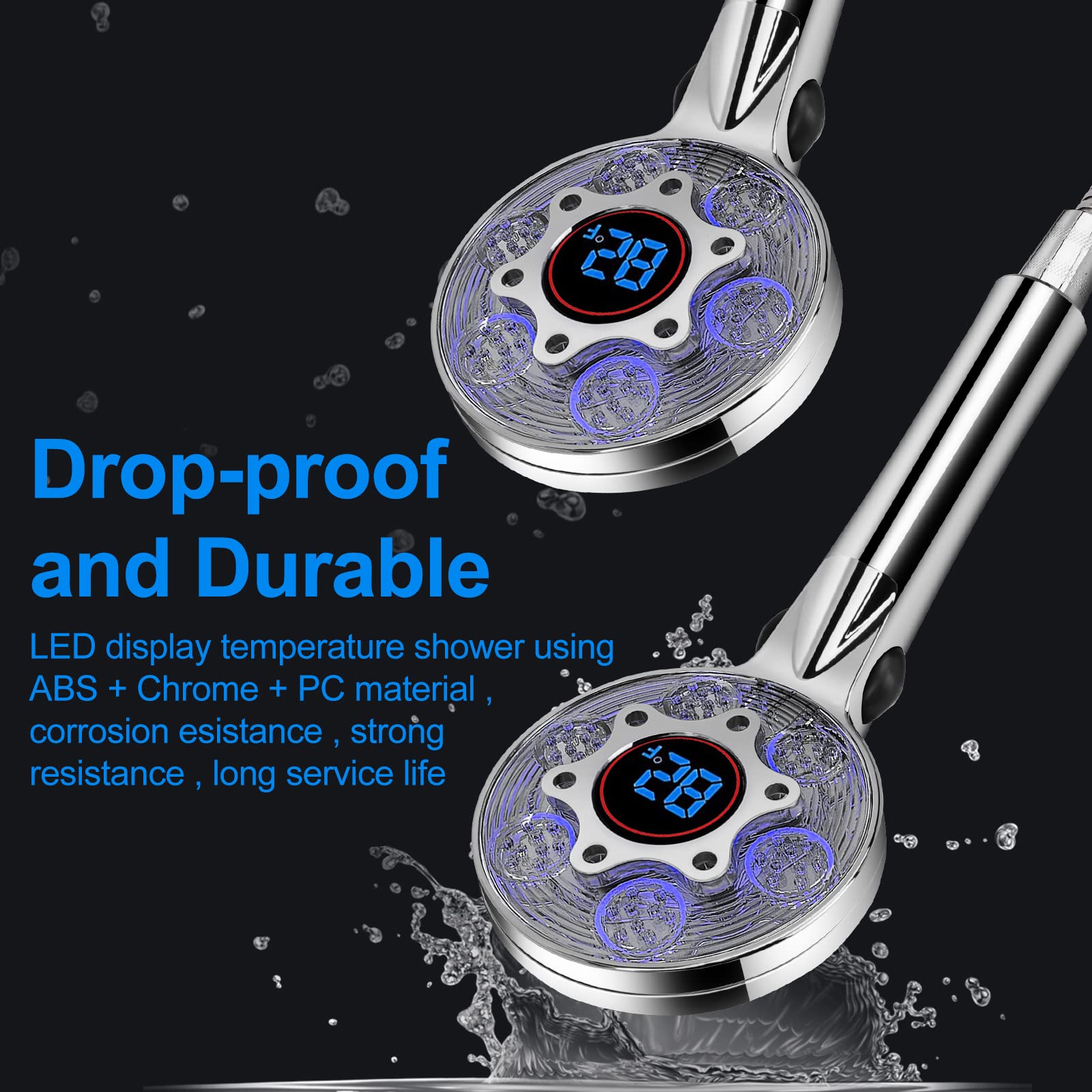 LED Shower Head with Handheld, Color Changing, Shower Head High Pressure with Water Temperature Display, Water Saving Spray Showerheads with 59" Hose and Shower Bracket for Low Water Pressure, Chrome