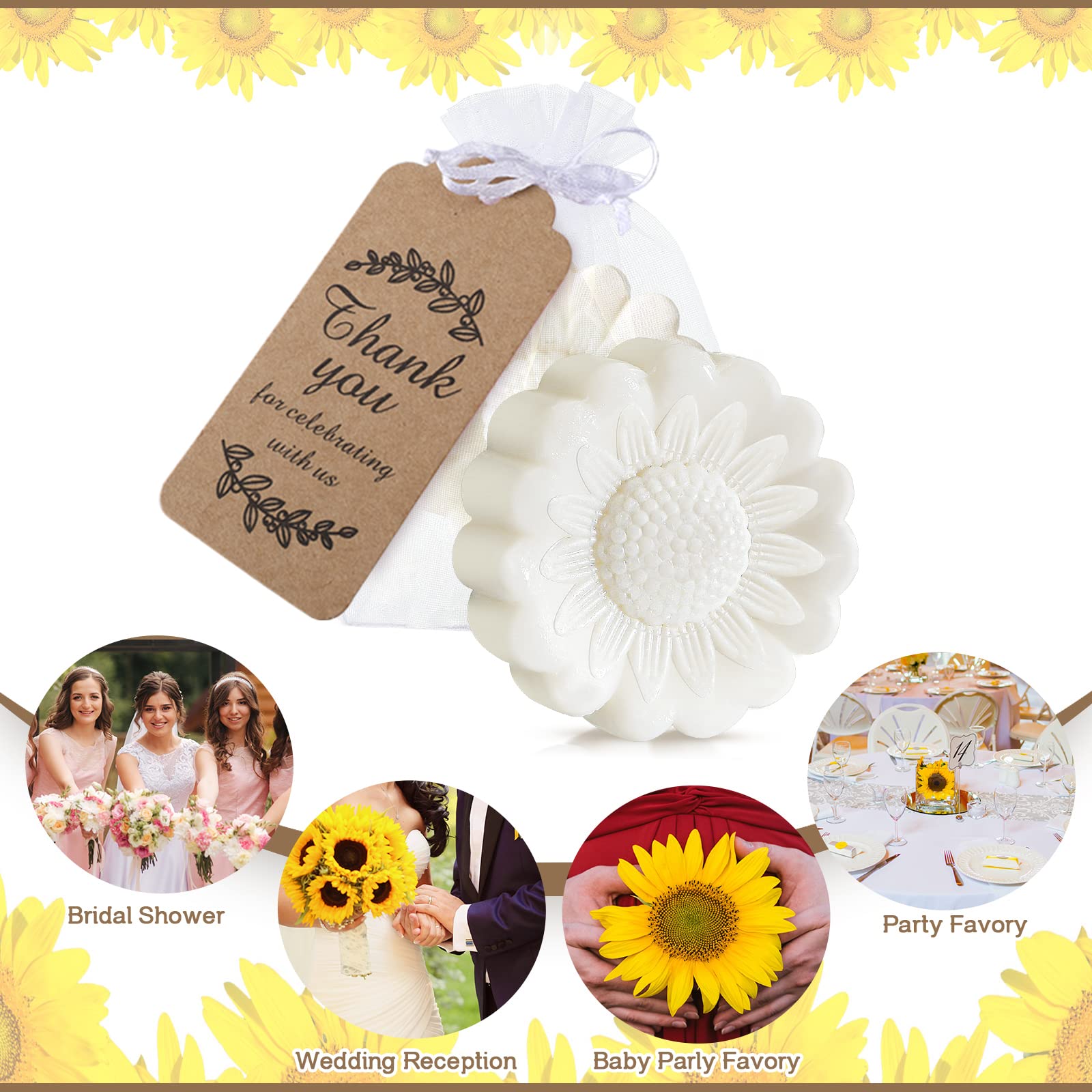 48 Set Sunflower Style Mini Soap for Wedding Party Favors Bridal Shower Baby Shower Guests Gifts Cute Handmade Soap with Thank You Card and Organza Bags(White)