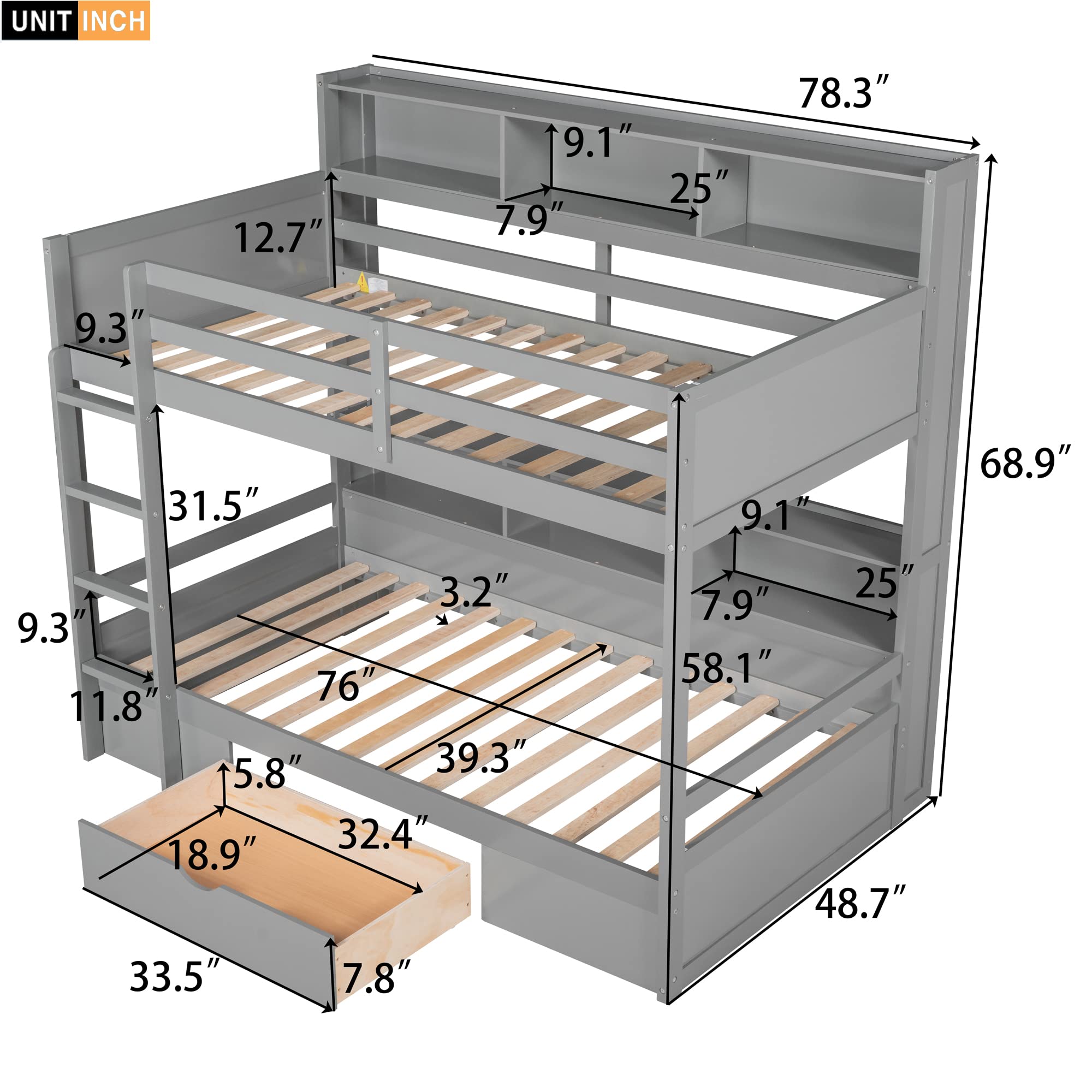 Polibi Twin Over Twin Bunk Bed with Built-in Shelves Beside Both Upper and Down Bed and Storage Drawer, Twin Size Wooden Bunk Bed with Guardrails and Ladder