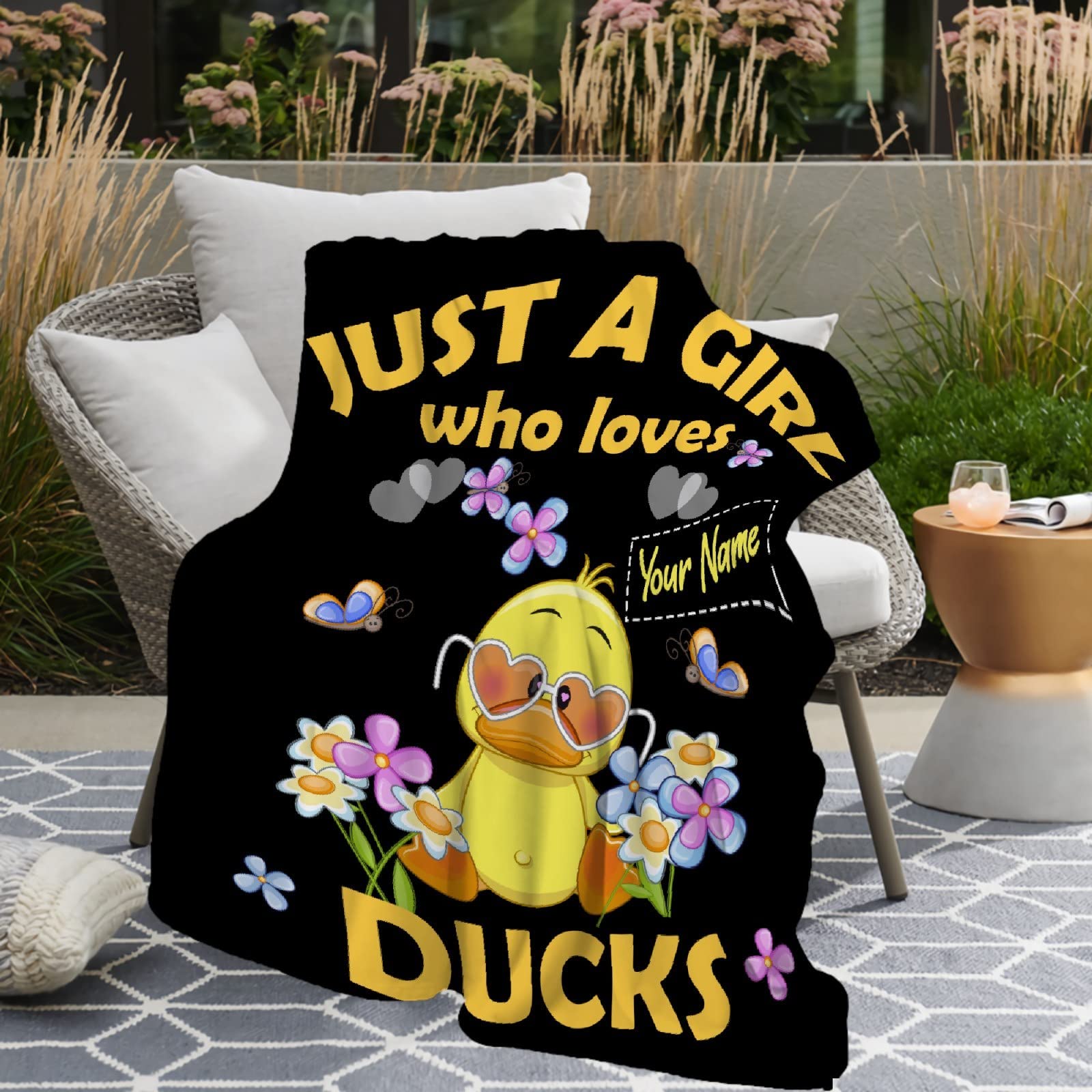 Just A Girl Who Loves Ducks Personalized Blanket Cute Duck Custom Name Throw Blankets Gifts for Girl Boys Flannel Fleece Cartoon Kawaii Animal Customized Blankets for Kids Lap Chair Bed 50x40In