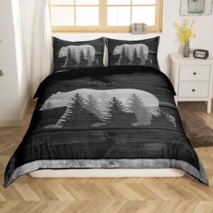 Castle Fairy Lodge Cabin Duvet Cover Gray Bear Pine Tree Silhouette Pattern Comforter Cover with 2 Pillowcases Wild Animal Western Jungle Style Bedding Set for Teens Adults King Size 3 Pieces