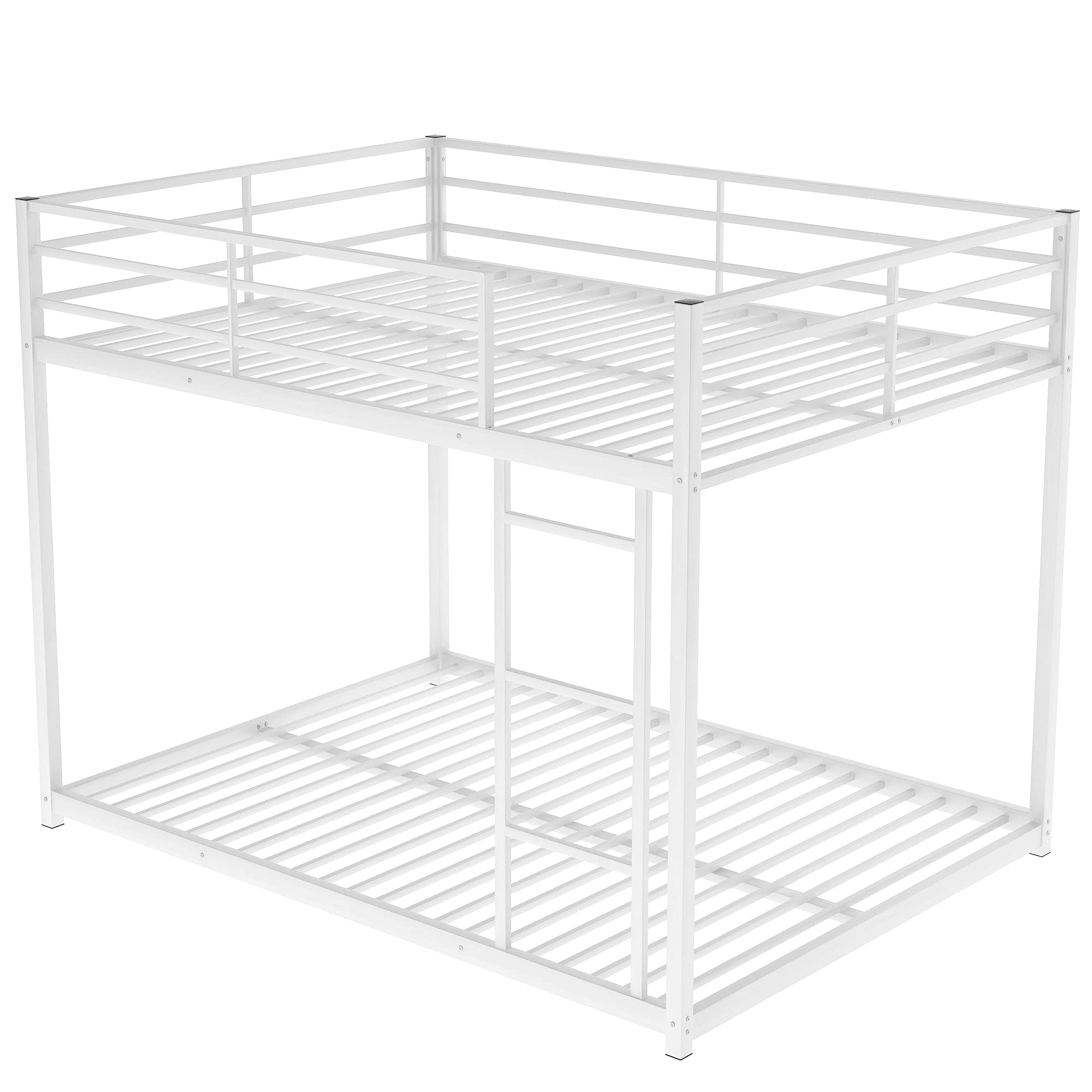 ZJIAH Metal Bunk Bed Full Over Full with Ladder, Low Bunk Bed Frame with Safety Guard Rails, Sturdy Heavy Duty Full Size Floor Bunk Beds Frames for Teens, No Box Spring Required, White