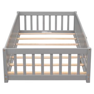 Twin Floor Bed for Kids, Montessori Bed Frame with Fence-Shaped Guardrails, Support Slats and Door, Wood Floor Twin Bed for Kids,Toddler,Boys Girls, No Box Spring Needed(Gray, Twin Bed Frame)