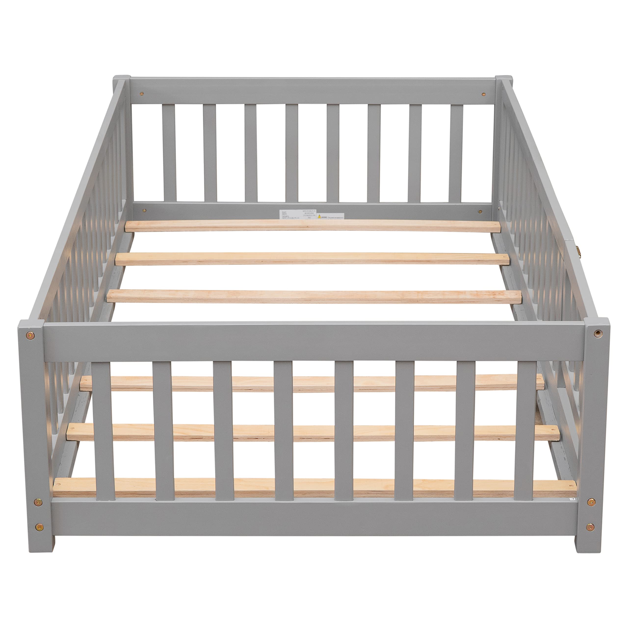 Twin Floor Bed for Kids, Montessori Bed Frame with Fence-Shaped Guardrails, Support Slats and Door, Wood Floor Twin Bed for Kids,Toddler,Boys Girls, No Box Spring Needed(Gray, Twin Bed Frame)