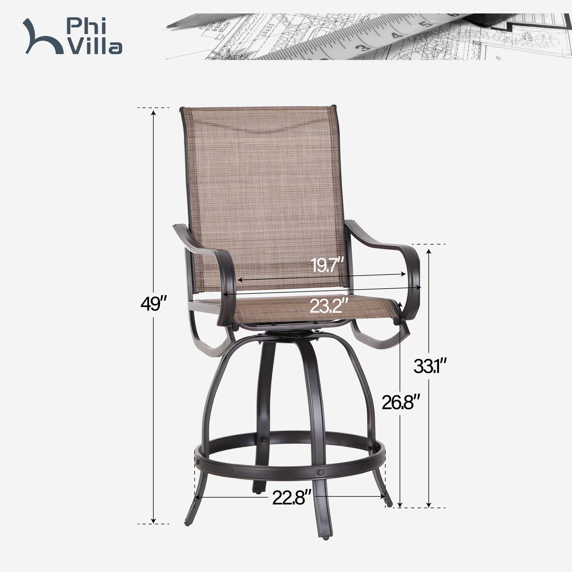 PHI VILLA Outdoor Swivel Bar Stools Set of 4,Patio Bar Chairs with Quick-Drying Fabric,Outdoor Stools with Metal Frame Durable and Sturdy, Waterproof, Rustproof,High Patio Chairs for Garden, Yard