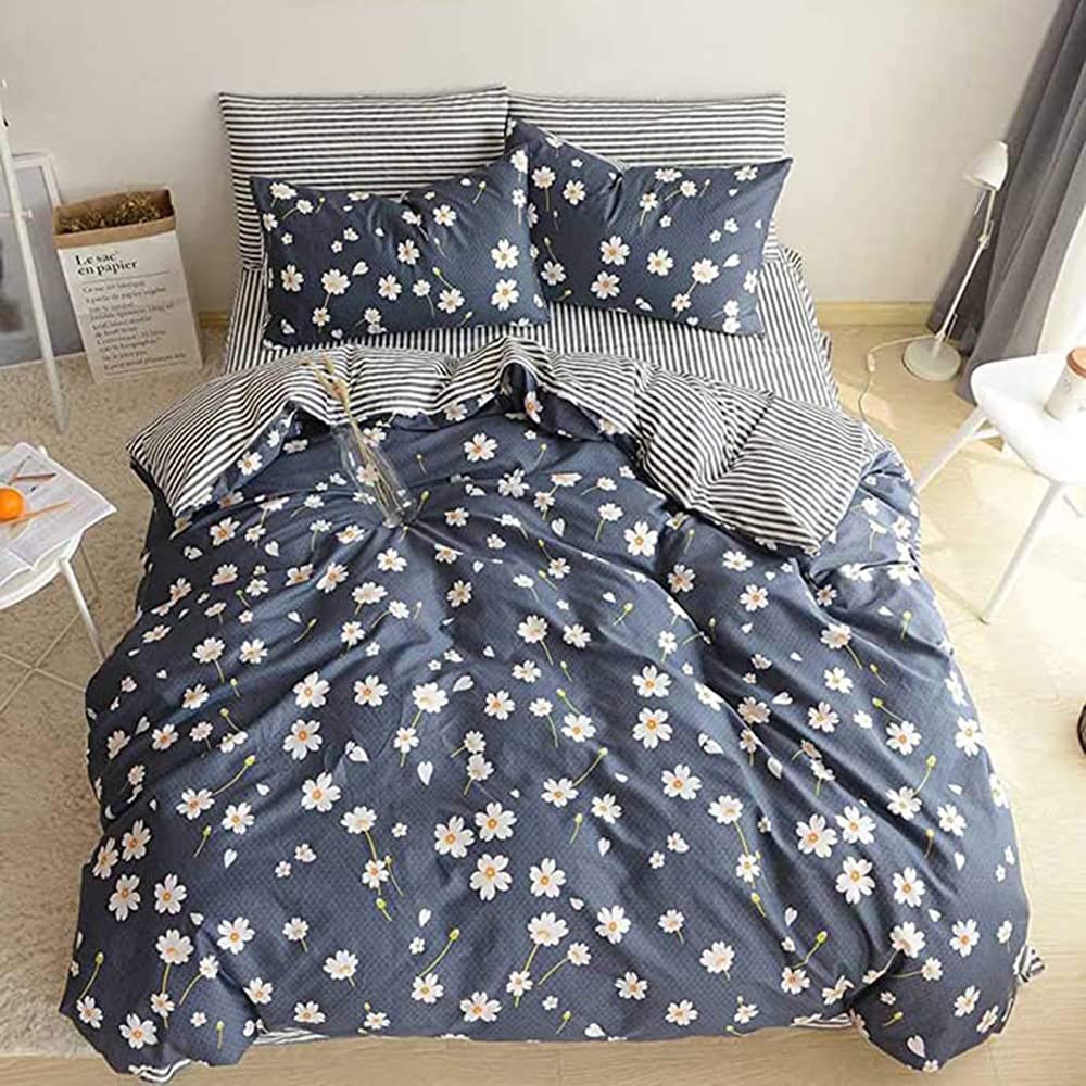 BuLuTu Navy Queen Comforter Cover with Daisy Queen Duvet Cover Set Floral Pattern for Girls 100% Cotton Comforter Cover for Teens,Girls,Ultra Soft Breathable Lightweight