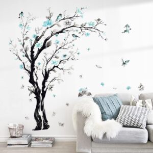 decalmile Large Watercolor Tree Wall Decals Blue Flower Branch Wall Stickers Living Room Bedroom Kitchen Wall Decor(H:63/48 Inches)