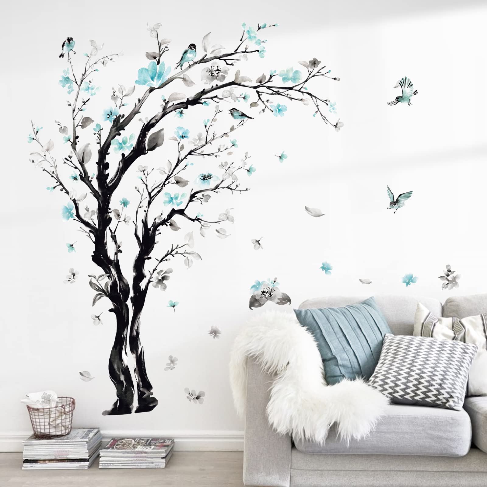 decalmile Large Watercolor Tree Wall Decals Blue Flower Branch Wall Stickers Living Room Bedroom Kitchen Wall Decor(H:63/48 Inches)