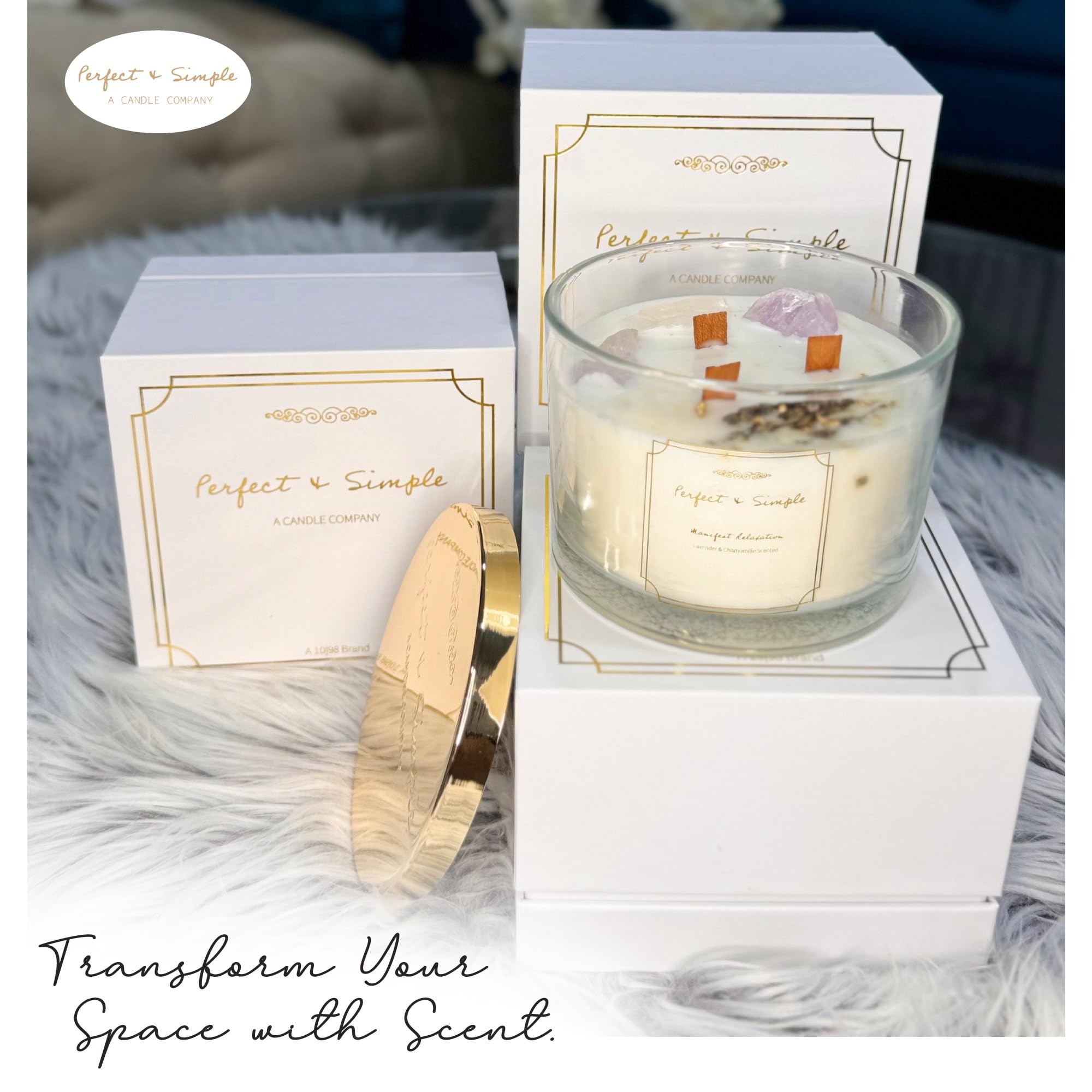 Luxury Hand-Poured Premium Scented Manifestation Candle with Crystals Inside - 100% Pure Soy Wax Aromatherapy, Natural Essential Oils, 3 Wooden Wicks, | Calming & Relaxing