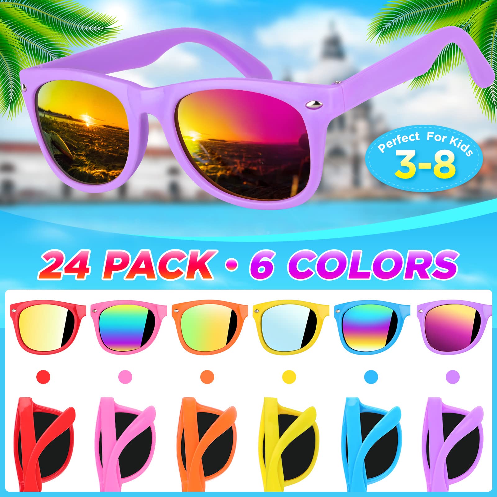 GINMIC Kids sunglasses bulk, Kids Sunglasses Party Favor, 24Pack Neon Sunglasses with UV400 Protection for Kids, Boys and Girls Age 3-8, Goody Bag Favors, Great Gift for Pool, Birthday Party Supplies