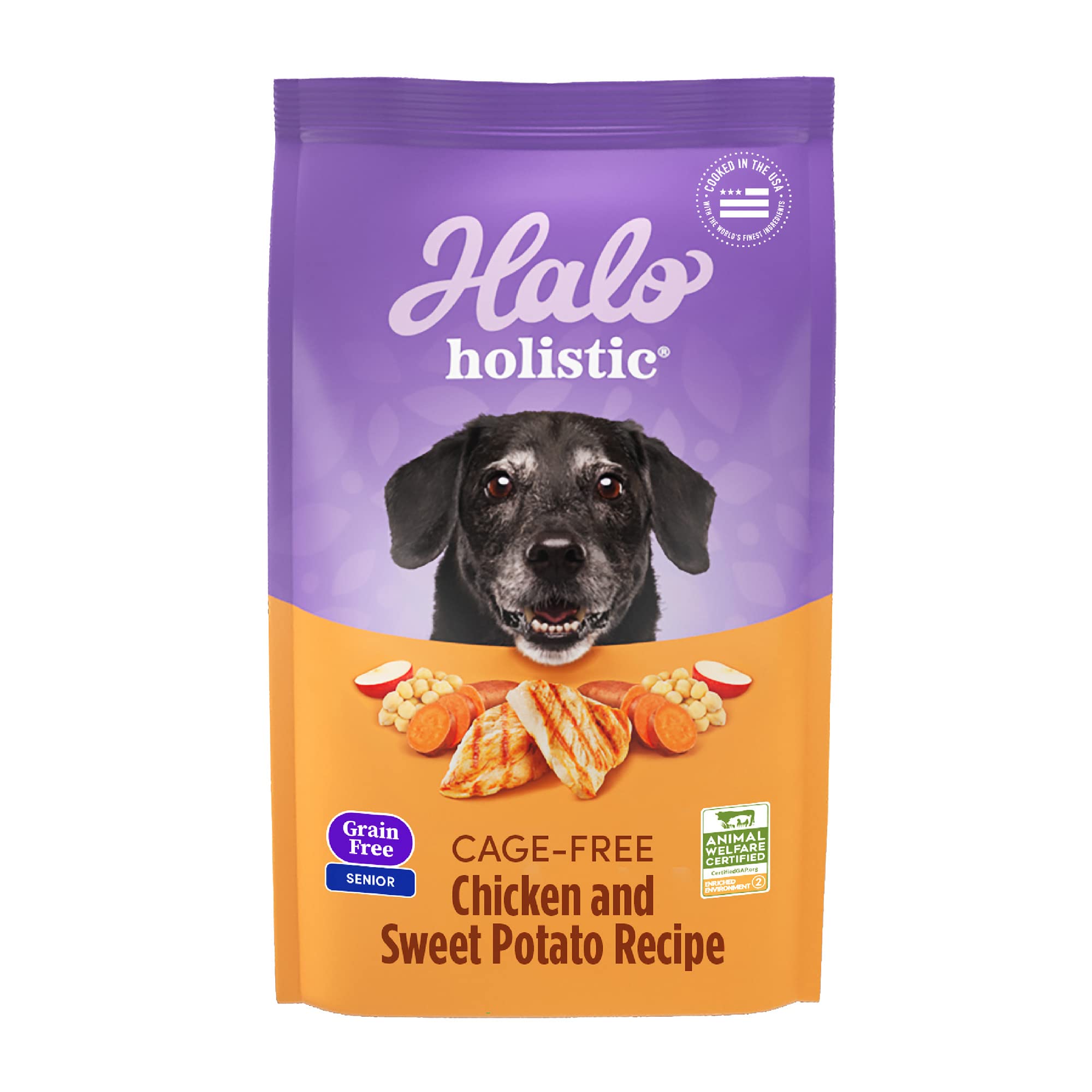 Halo Purely for Pets Holistic Dog Food, Complete Digestive Health Grain Free Cage-Free Chicken and Sweet Potato Recipe, Dry Dog Food Bag, Senior Formula, 3.5-lb Bag