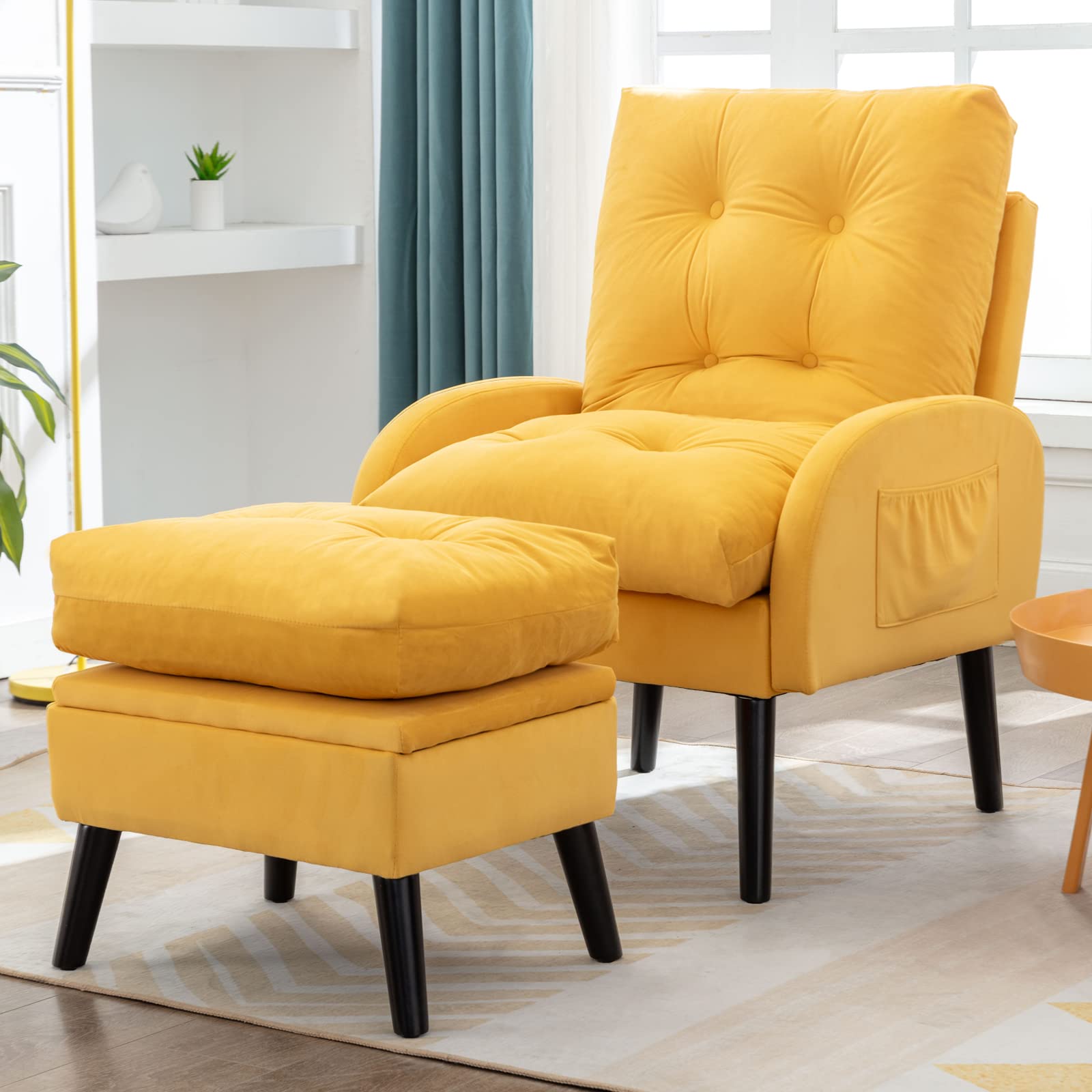 TTGIEET Accent Chair with Storage Ottoman, Living Room Chair Comfy with Adjustable Backrest & Side Pocket, Modern Velvet Armchair for Living Room, Bedroom, Office (Yellow)