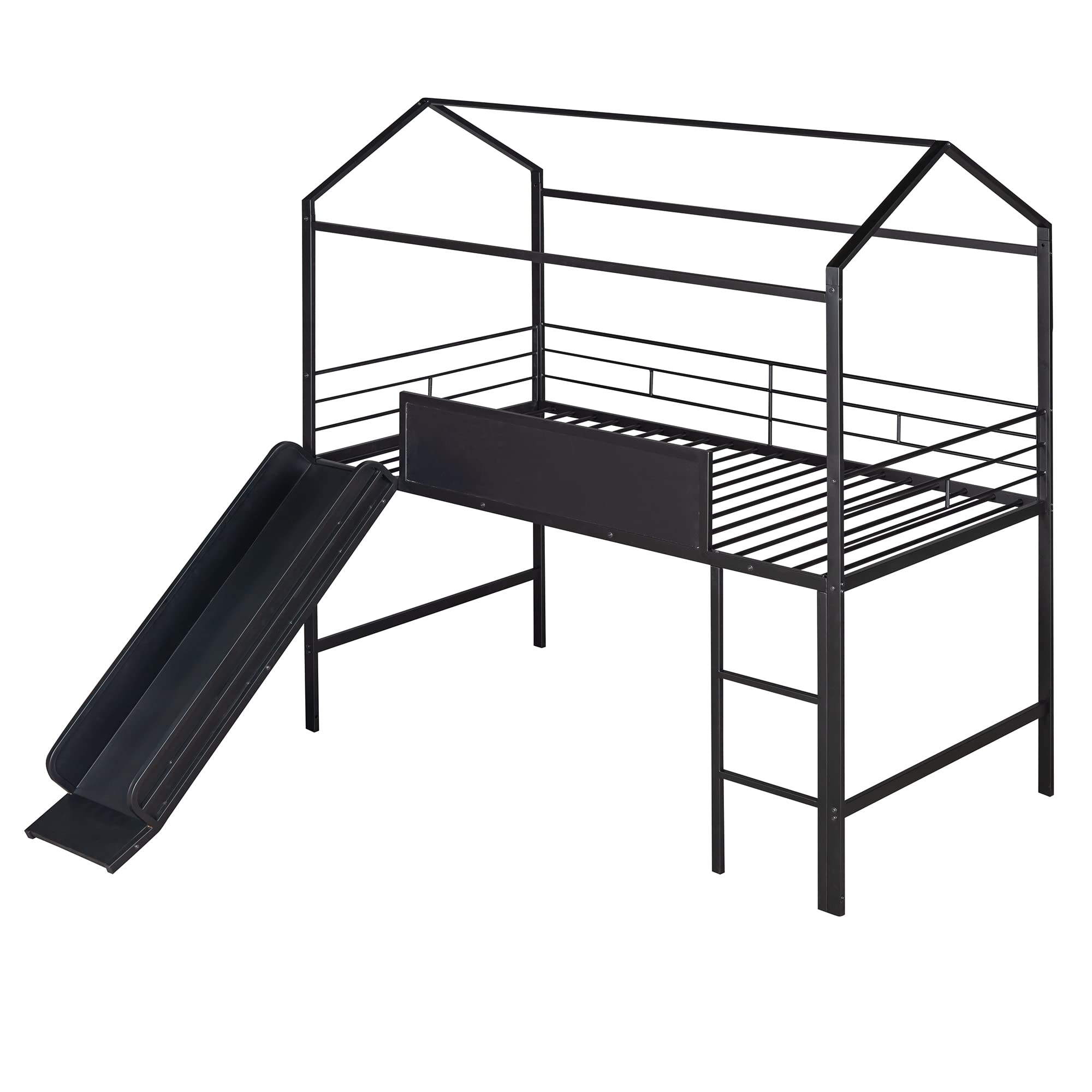 Twin House Loft Beds with Slide and Chalkboard, Low Loft Bed Twin Size, Metal House Bed with Guardrail and Ladder, Metal Twin Size Loft Bed for Kids Teens Girls Boys (Twin, Black)