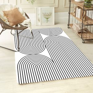 black and white lines pattern minimalist wool soft area rug 6x8 washable no-slip mid-century rug for living room bedroom boho chic dining room carpet indoor outdoor floor mat