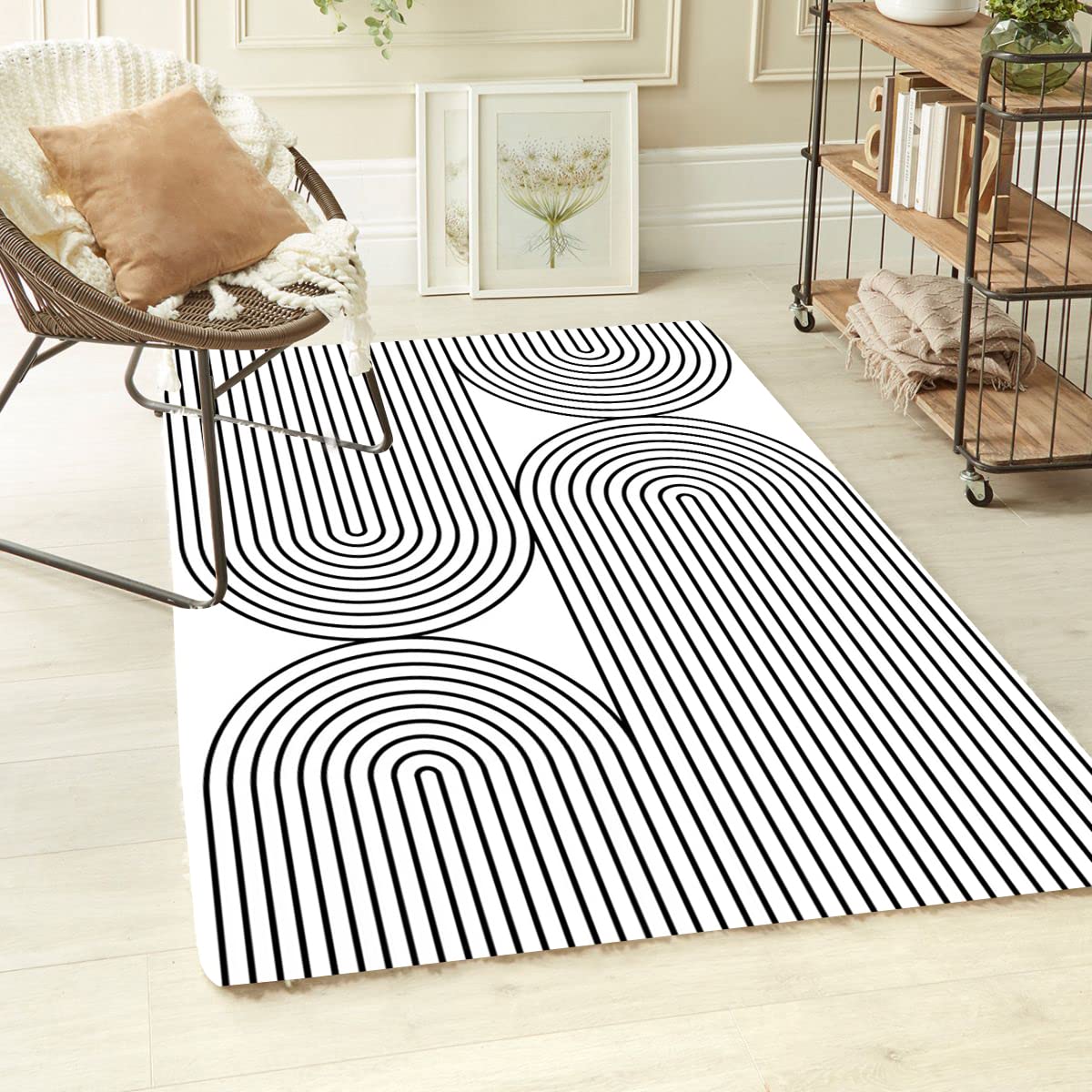 Black and White Lines Pattern Minimalist Wool Soft Area Rug 6x8 Washable No-Slip Mid-Century Rug for Living Room Bedroom Boho Chic Dining Room Carpet Indoor Outdoor Floor Mat