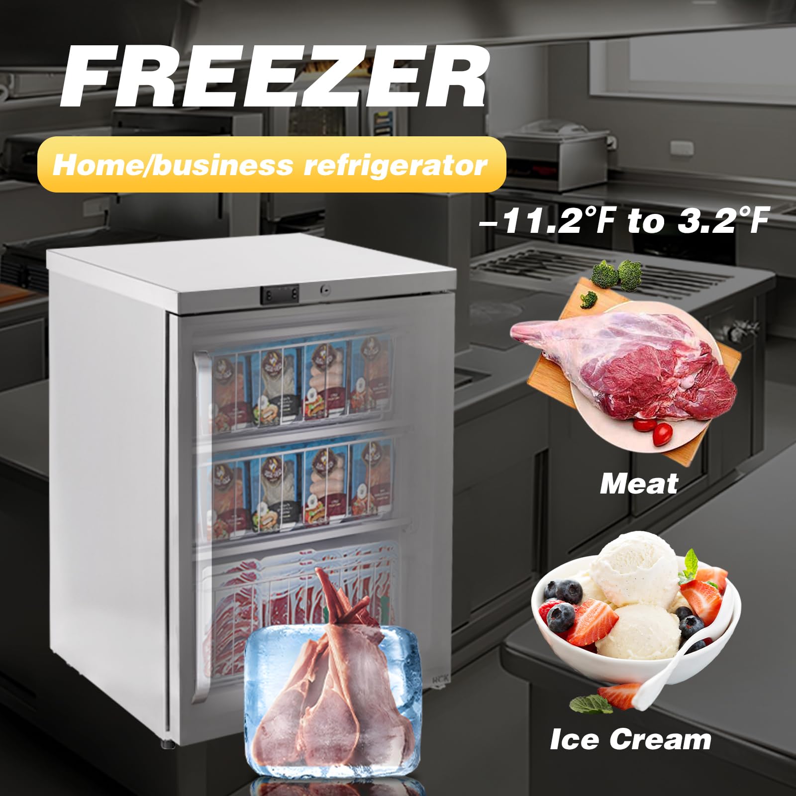 HCK 4.1 Cu.ft. Undercounter Freezer with Food-Grade Stainless Steel Body, Electronic Temperature Control, Lockable Door, 3 Movable Baskets, Built Design for Home and Commercial Use, 11 to 3.2℉.