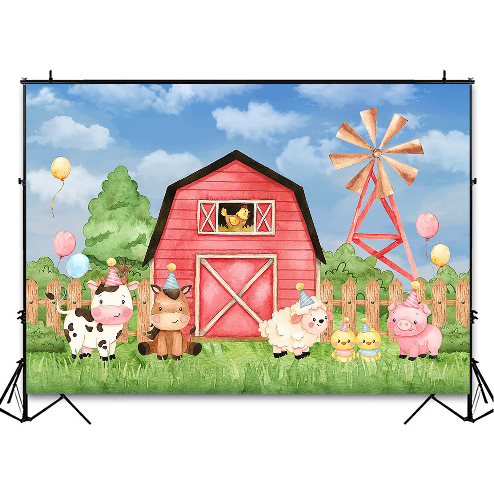 Avezano Farm Birthday Backdrop for Kids Pink Barn Farm Girls Birthday Party Decorations Cartoon Farm Animals Baby Shower Photography Background Cake Table Banner (7x5ft)