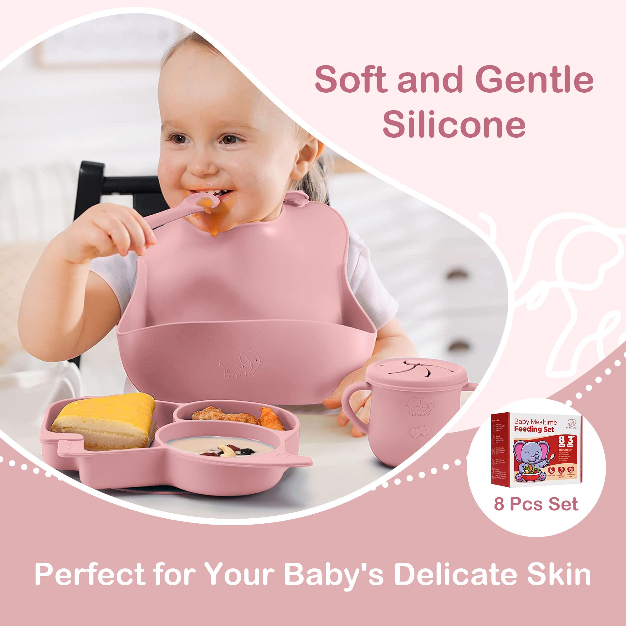 Complete Silicone Baby Feeding Set - 6+ Months Food Grade Baby Feeding Essentials | Silicone Bibs, Baby Bowls and Plates, 3 in 1 Baby Sippy Cup, Spoons and Fork Set | Free of BPA/PVC/Lead/Phthalate