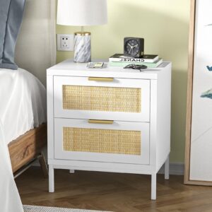 Giluta Farmhouse White nightstands with 2 Drawers, Natural Rattan Night Stand, White End Table with Metal Legs, Bedside Table for Bedroom