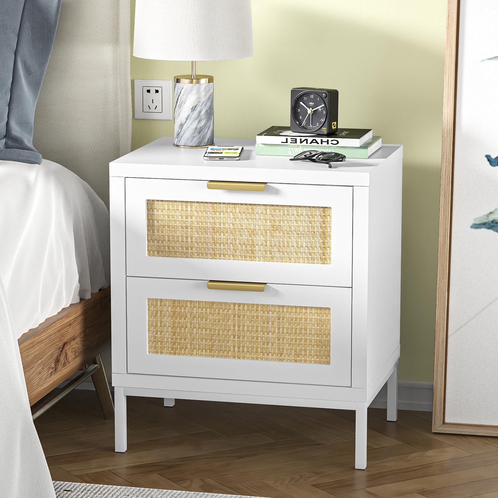 Giluta Farmhouse White nightstands with 2 Drawers, Natural Rattan Night Stand, White End Table with Metal Legs, Bedside Table for Bedroom