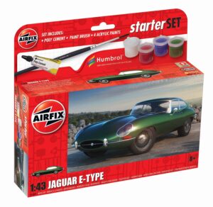 airfix starter set model kit car - a55009 jaguar e-type - 1:43 scale plastic model car kits, model cars to build and paint for adults & kids 14+, includes paints - mens hobbies kits, skill lvl. 1