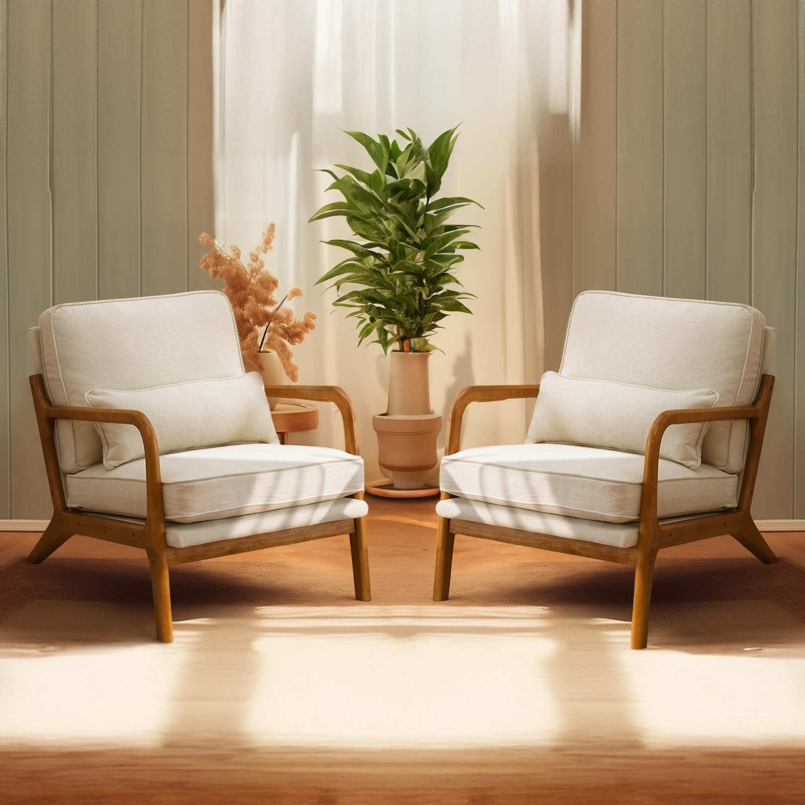 Bonnlo Fine Beige Accent Chairs Set of 2, Upholstered Mid Century Modern Lounge Fabric Chairs Reading Chairs Side Sitting Chair Solid Wood Farmhouse Armchairs for Living Room, Bedroom, Guest Room