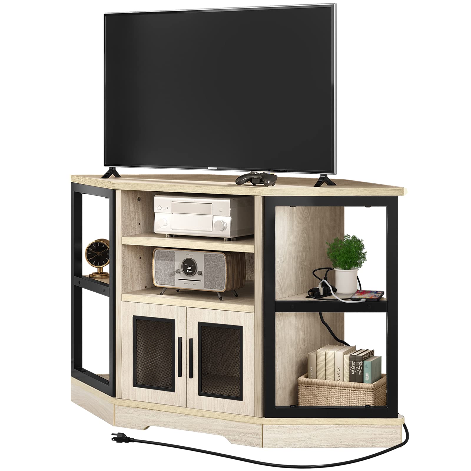 YITAHOME Corner TV Stand for TVs up to 55/50 Inch with Power Outlet, Modern Farmhouse Entertainment Center, Wood TV Media Console with Storage Cabinets Shelves for Living Room, White Oak