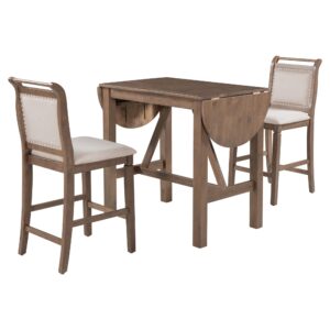 Harper & Bright Designs 3 Piece Counter Height Kitchen Dining Set with Drop Leaf Dining Table and 2 Dining Padded Chairs, Dining Room Set for Small Places, Brown