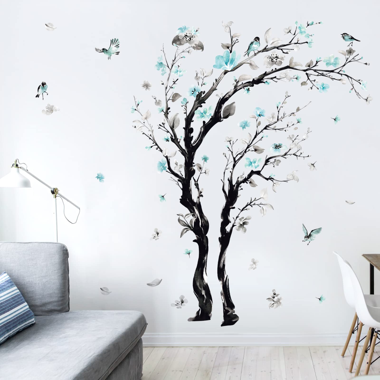 decalmile Large Watercolor Tree Wall Decals Blue Flower Branch Wall Stickers Living Room Bedroom Kitchen Wall Decor(H:63/48 Inches)