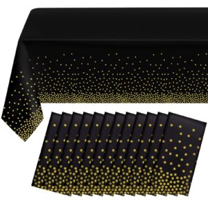 12 pack black and gold dot plastic tablecloth, gold stamping dot confetti rectangle plastic disposable tablecloth for birthday retirement graduation engagement anniversary party decoration, 54x108inch