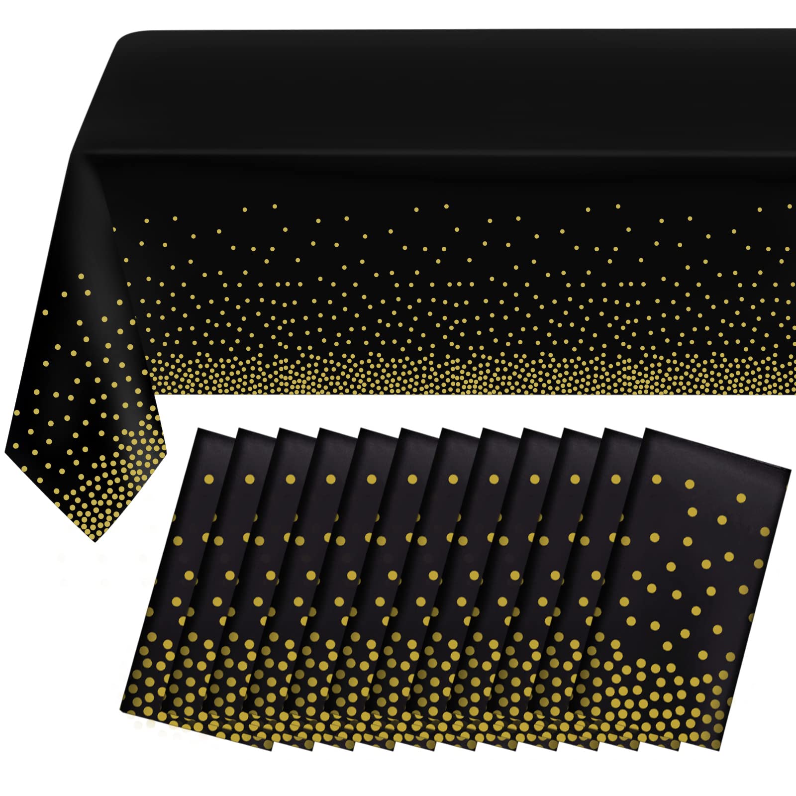 12 Pack Black and Gold Dot Plastic Tablecloth, Gold Stamping Dot Confetti Rectangle Plastic Disposable Tablecloth for Birthday Retirement Graduation Engagement Anniversary Party Decoration, 54x108Inch