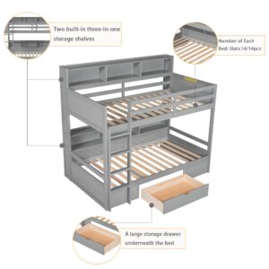 Polibi Twin Over Twin Bunk Bed with Built-in Shelves Beside Both Upper and Down Bed and Storage Drawer, Twin Size Wooden Bunk Bed with Guardrails and Ladder