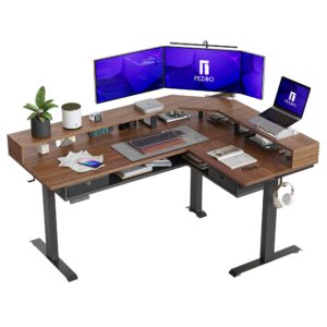 fezibo l shaped standing desk with led strip & 2 drawers, triple motors supports over 300lbs, upper and lower storage shelves available, electric height adjustable, for home office, black walnut