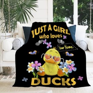 Just A Girl Who Loves Ducks Personalized Blanket Cute Duck Custom Name Throw Blankets Gifts for Girl Boys Flannel Fleece Cartoon Kawaii Animal Customized Blankets for Kids Lap Chair Bed 50x40In