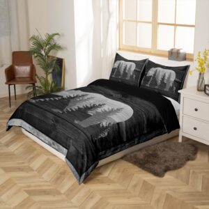 Castle Fairy Lodge Cabin Duvet Cover Gray Bear Pine Tree Silhouette Pattern Comforter Cover with 2 Pillowcases Wild Animal Western Jungle Style Bedding Set for Teens Adults King Size 3 Pieces