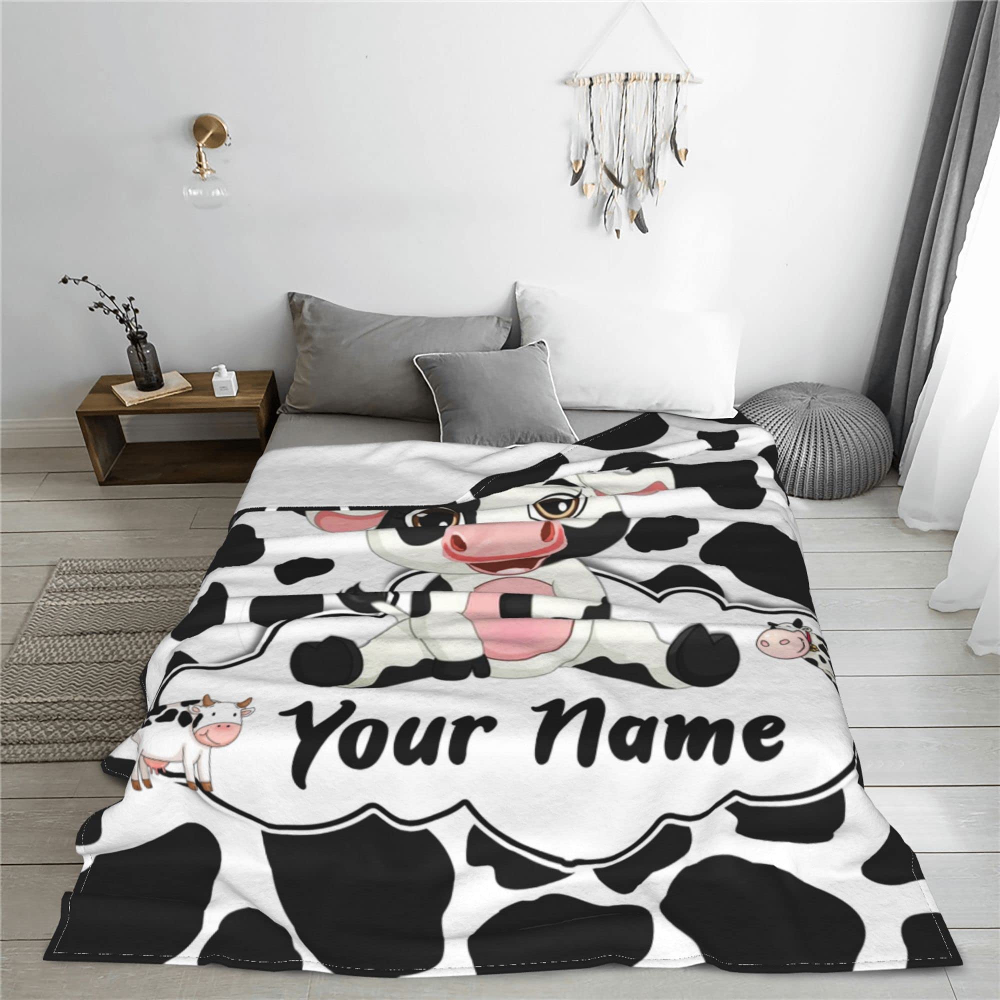 KSUPER Personalized Cow Print Blanket with Name Custom Black White Cute Cow Print Throw Blankets for Baby Girls Boys Kids Daughter Sofa Christmas Birthday Gifts