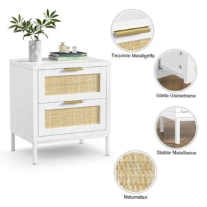 Giluta Farmhouse White nightstands with 2 Drawers, Natural Rattan Night Stand, White End Table with Metal Legs, Bedside Table for Bedroom