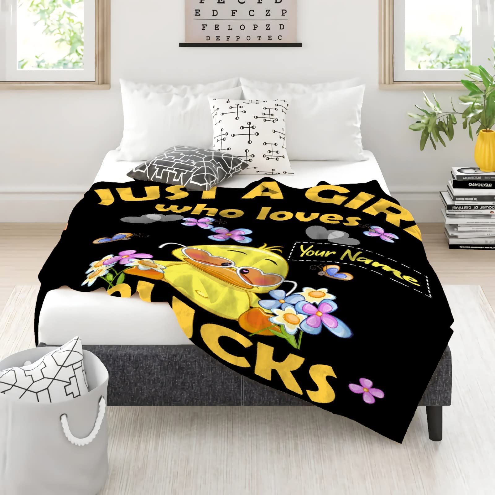 Just A Girl Who Loves Ducks Personalized Blanket Cute Duck Custom Name Throw Blankets Gifts for Girl Boys Flannel Fleece Cartoon Kawaii Animal Customized Blankets for Kids Lap Chair Bed 50x40In