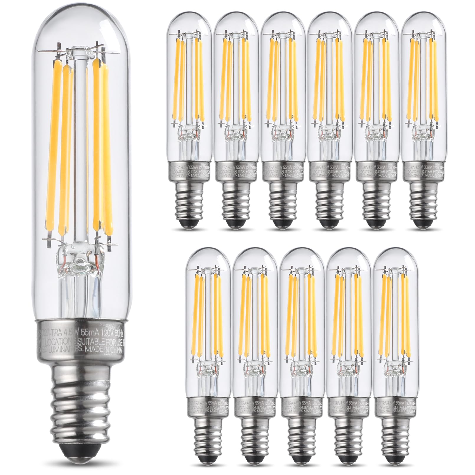 TORCHSTAR 12-Pack T6 LED Bulb, Dimmable Tubular Light Bulb 40 Watt, E12 Candelabra Bulb, 450lm, UL Listed, Edison Filament Light Bulbs for Chandelier, Ceiling Fan, Clear Glass, 2700K Soft White